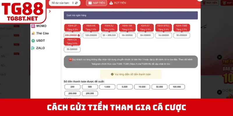 Cách gửi tiền tham gia cá cược
